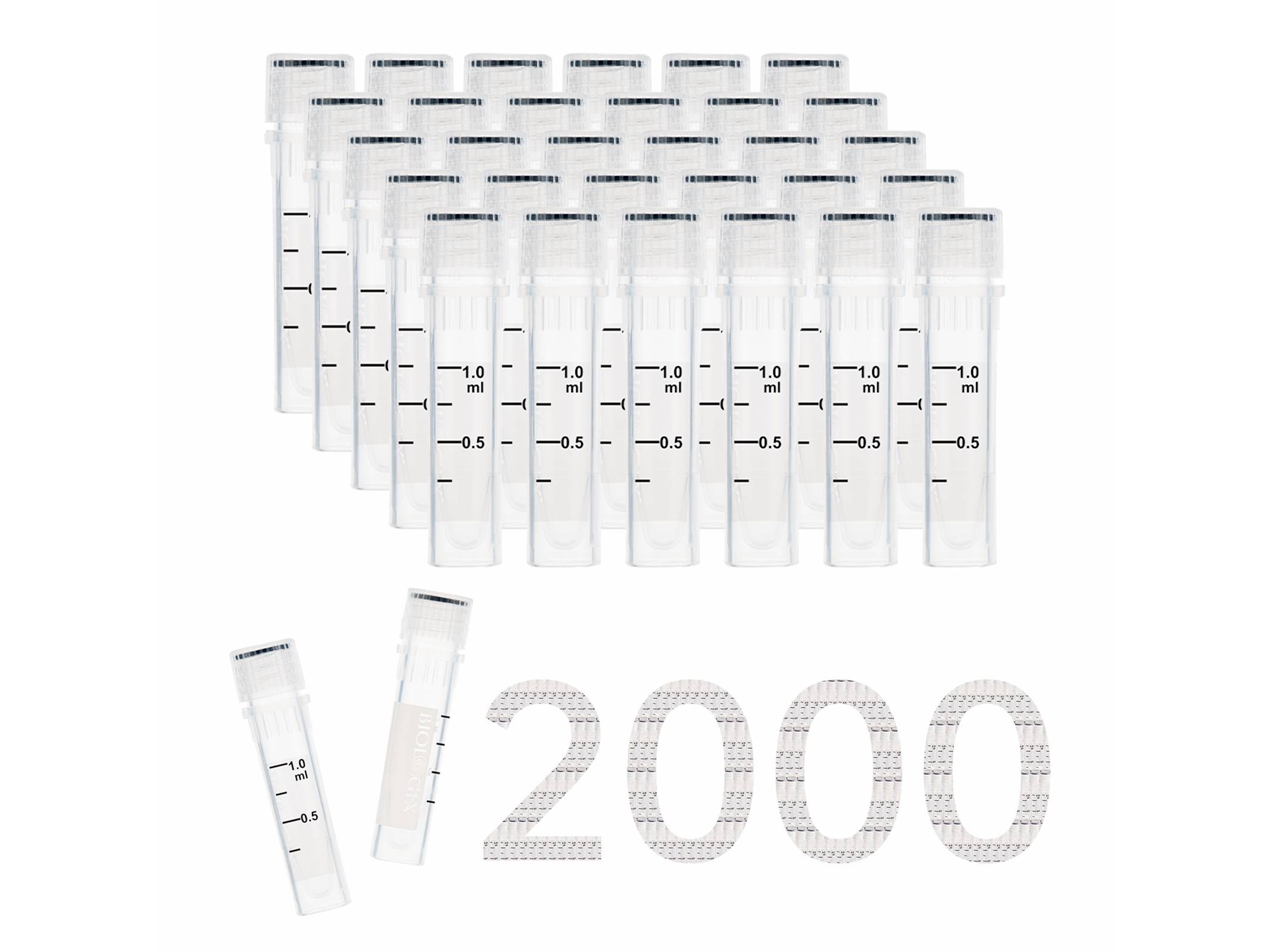 Biologix Cryogenic Vials-1.5 mL (47.5mm, Self-Standing), with writing area, 50-Bag, 500-Pack, 2000-Case