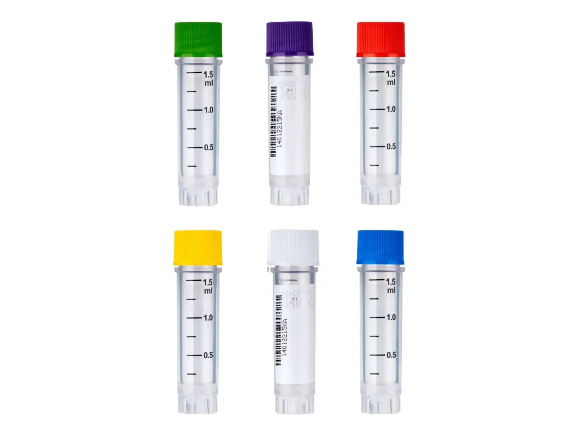 Biologix 1.5ml Cryogenic Vials, External Thread White Caps, Sterile, Self-Standing, Side Barcode, 25/Bag, 500/Pack, 1000/Case