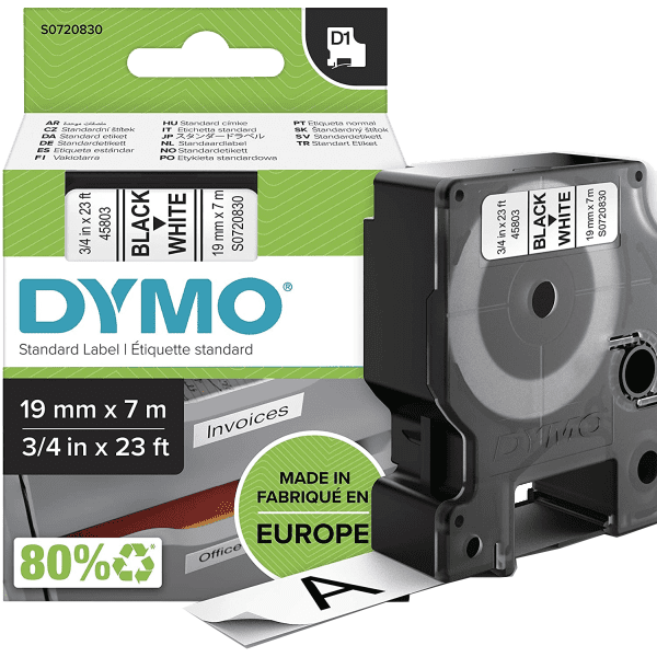 OEM Dymo 45803 - D1 Label Tape Black on White - 19mm x 7m