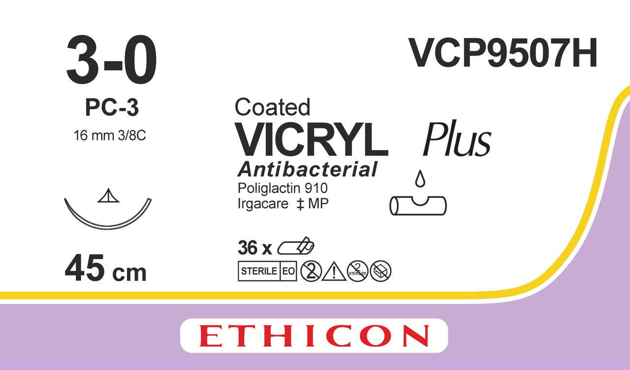 VICRYL Suture PLUS - Braided - Undyed - 3-0 - 45cm - 1 x Conventional Cutting PC - 16mm - 3/8C - 36