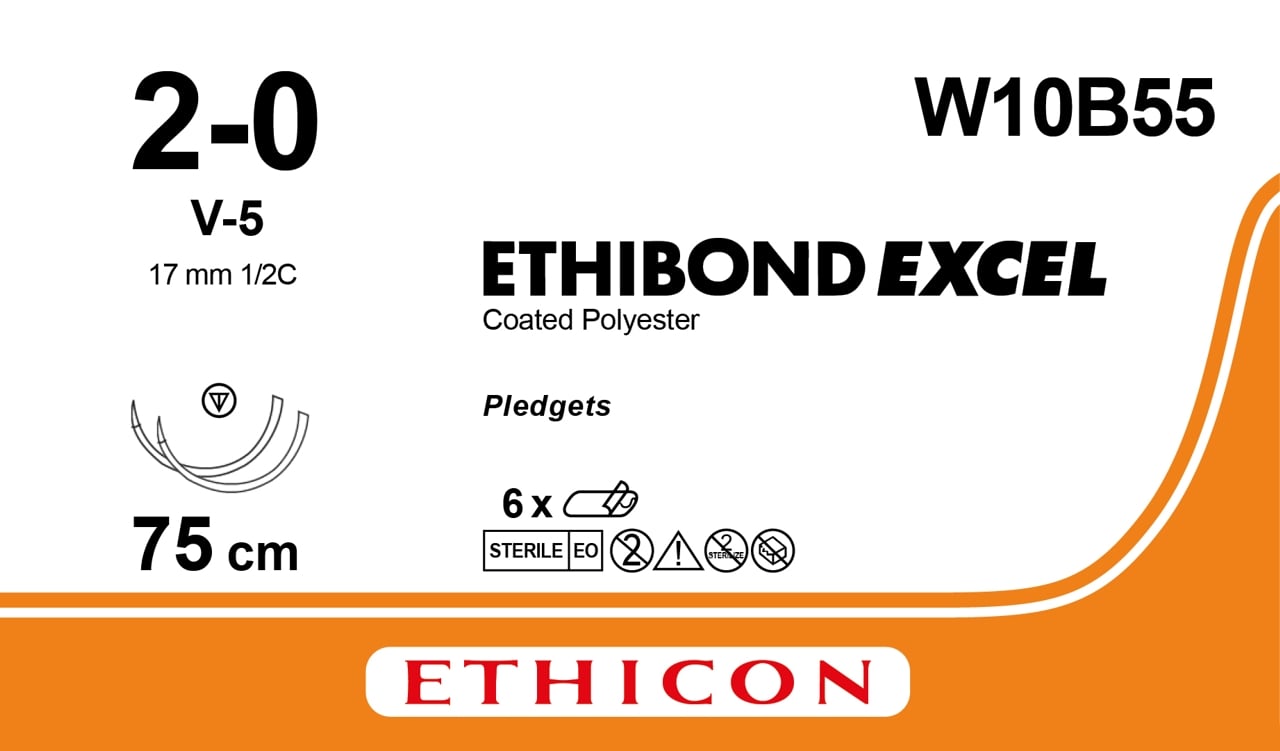 Ethibond Excel, green/white, braided, 2xV-5, 2-0, 1/2C,17mm, 75cm, 6 x pks of 10