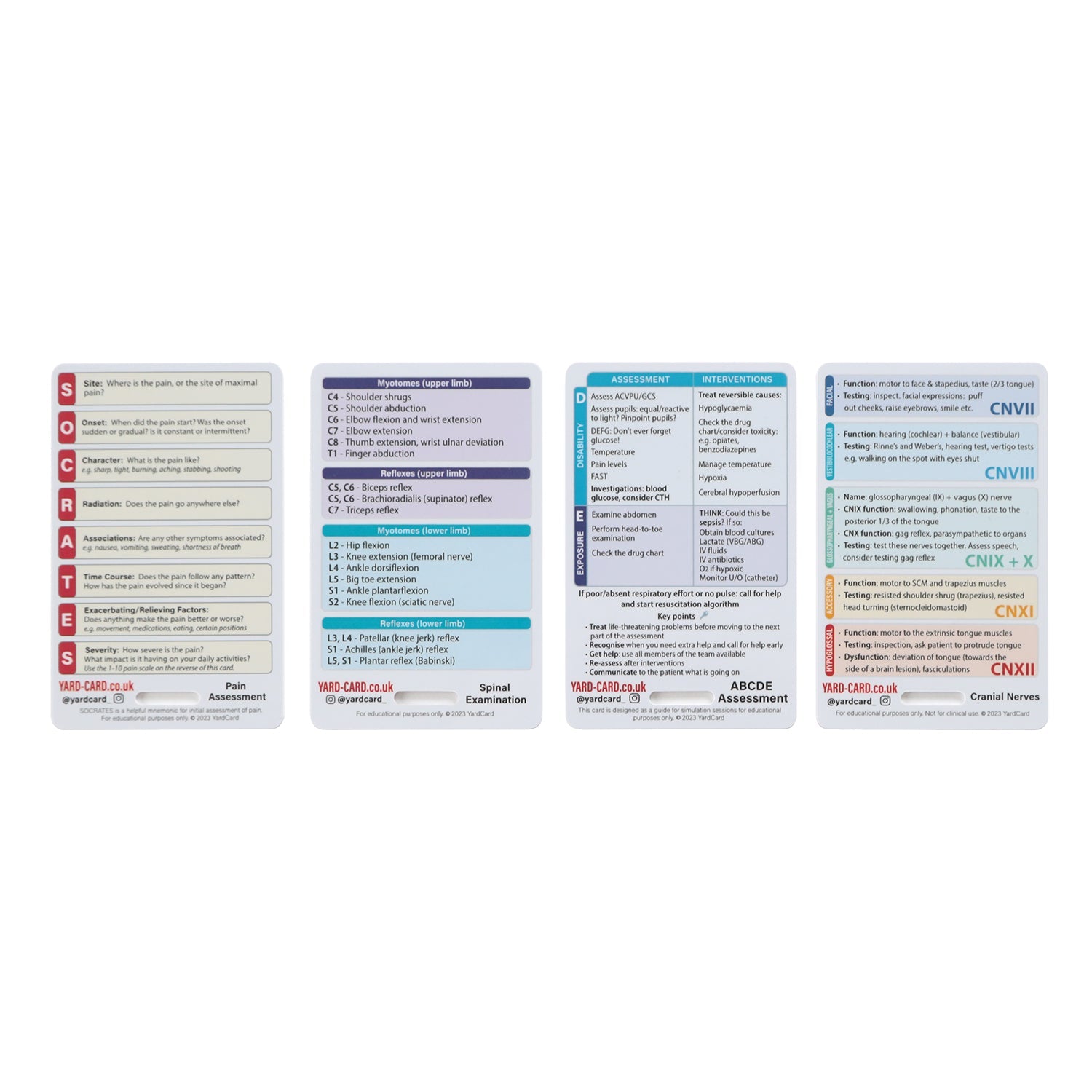 Badge Lanyard Card Set for Med Students - 4 Cards (ABCDE Assessment, Cranial Nerves, SOCRATES, Spinal Exam)