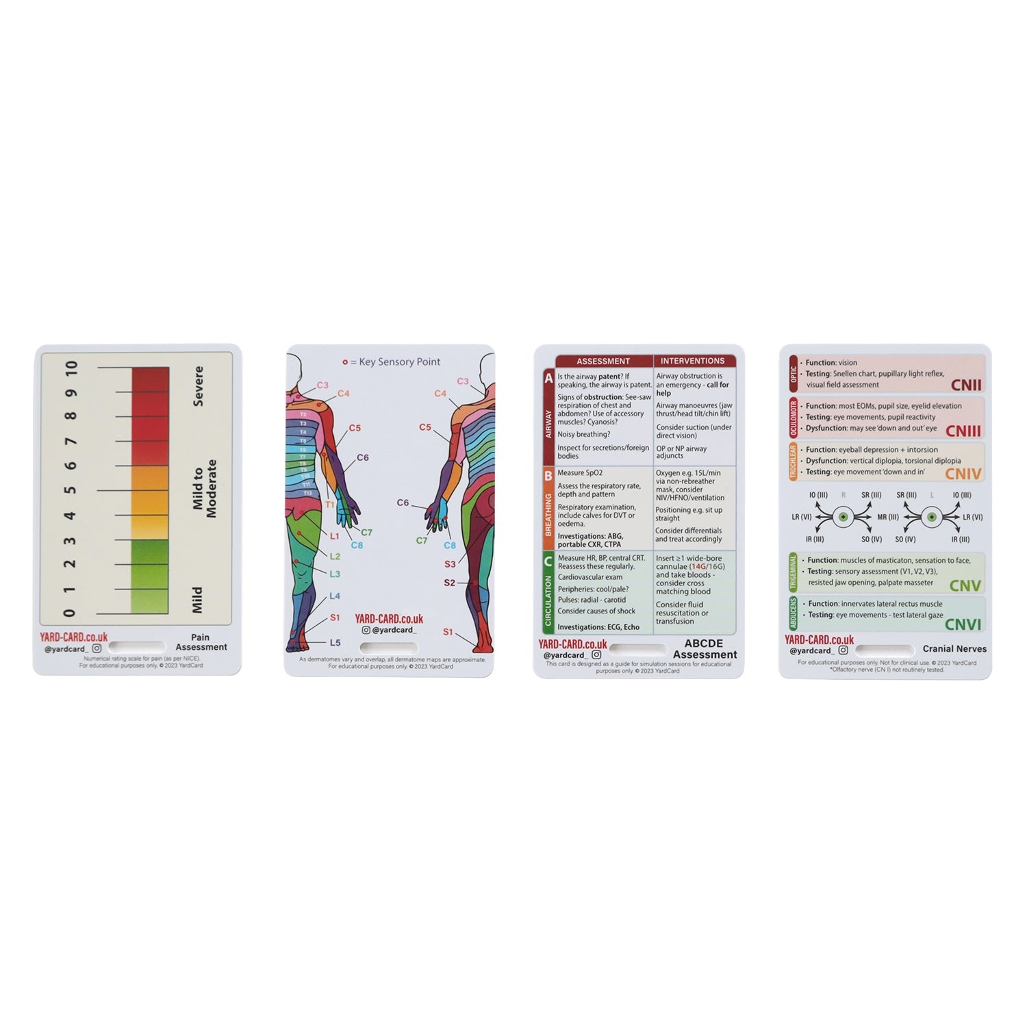 Badge Lanyard Card Set for Med Students - 4 Cards (ABCDE Assessment, Cranial Nerves, SOCRATES, Spinal Exam)
