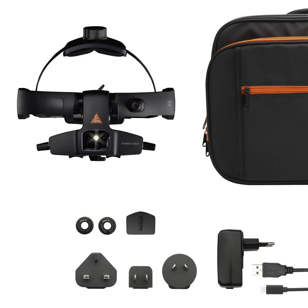 HEINE OMEGA 600 Traveller Set Indirect Ophthalmoscope With Battery & +2D Eyepiece & Bag