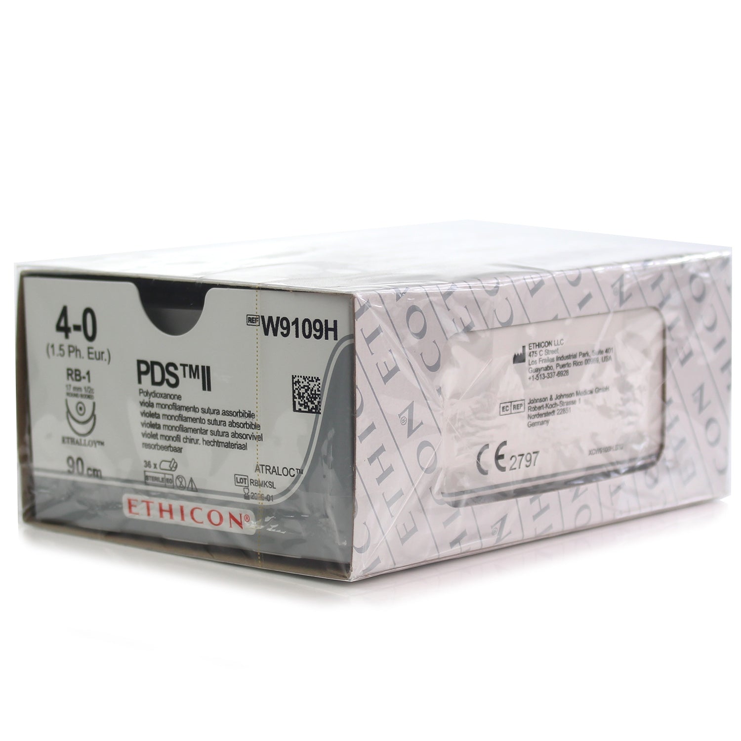 W9109H PDS, Violet, Monofilament, 2xRB-1, 4-0, 90cm, 1/2 Circle Taper Point Absorbable Sutures - Box of 36