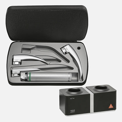Laryngoscopy set: HEINE Paed 1, Mac 2, Mac 3 blades, Standard F.O.4 LED NT rechargeable handle, NT4 desktop charger, zippered case